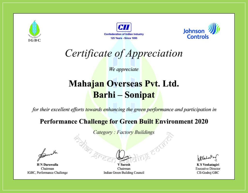 MAHAJAN OVERSEAS (PANIPAT) HONORED FOR ITS GREEN INITIATIVES