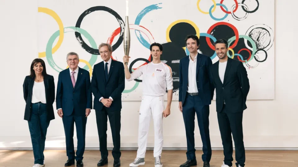 Paris Mayor Anne Hidalgo; president of the Olympic Committee Thomas Bach; LVMH chief Bernard Arnault; Paris Opera Ballet principal dancer Germain Louvet; LVMH’s head of communication, image, and environment Antoine Arnault, and Tony Estanguet, chief of the Olympics’ Organizing Committee. PHOTO BY SARAH AUBEL / COURTESY OF LVMH